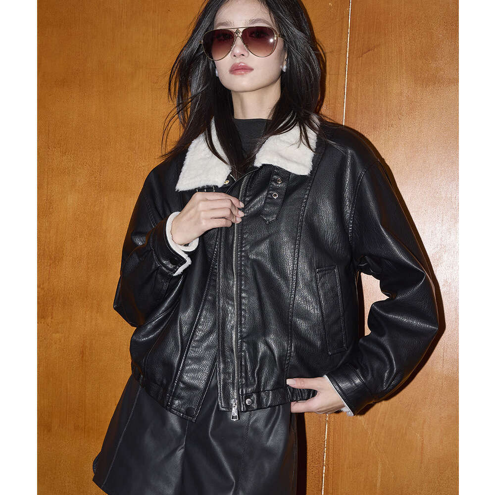 Winter New Old Money Style y2k coat Lamb Wool Fleece Lined Short Motorcycle Leather Jacket Luxury