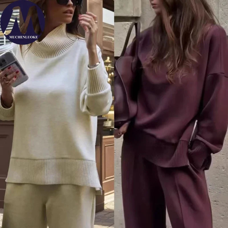 Womens Autumn Winter 2Piece Set High Collar Side Zipper Knitted Sweater And Loose Casual Pants Fashionable Comfortable 251209