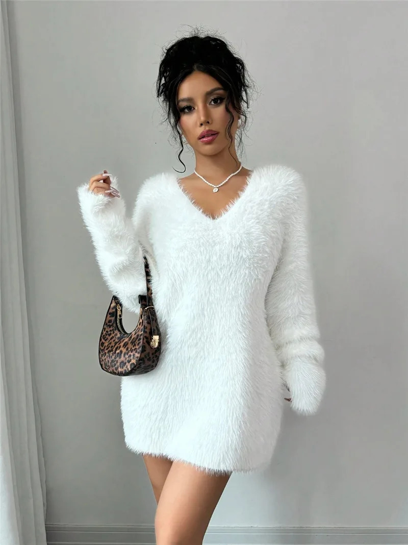 O Neck Long Sleeve Womens Plush Dress Sweater Autumn Winter Style Cross-Border Fashion Elegant Vestidos Female Garment 251205