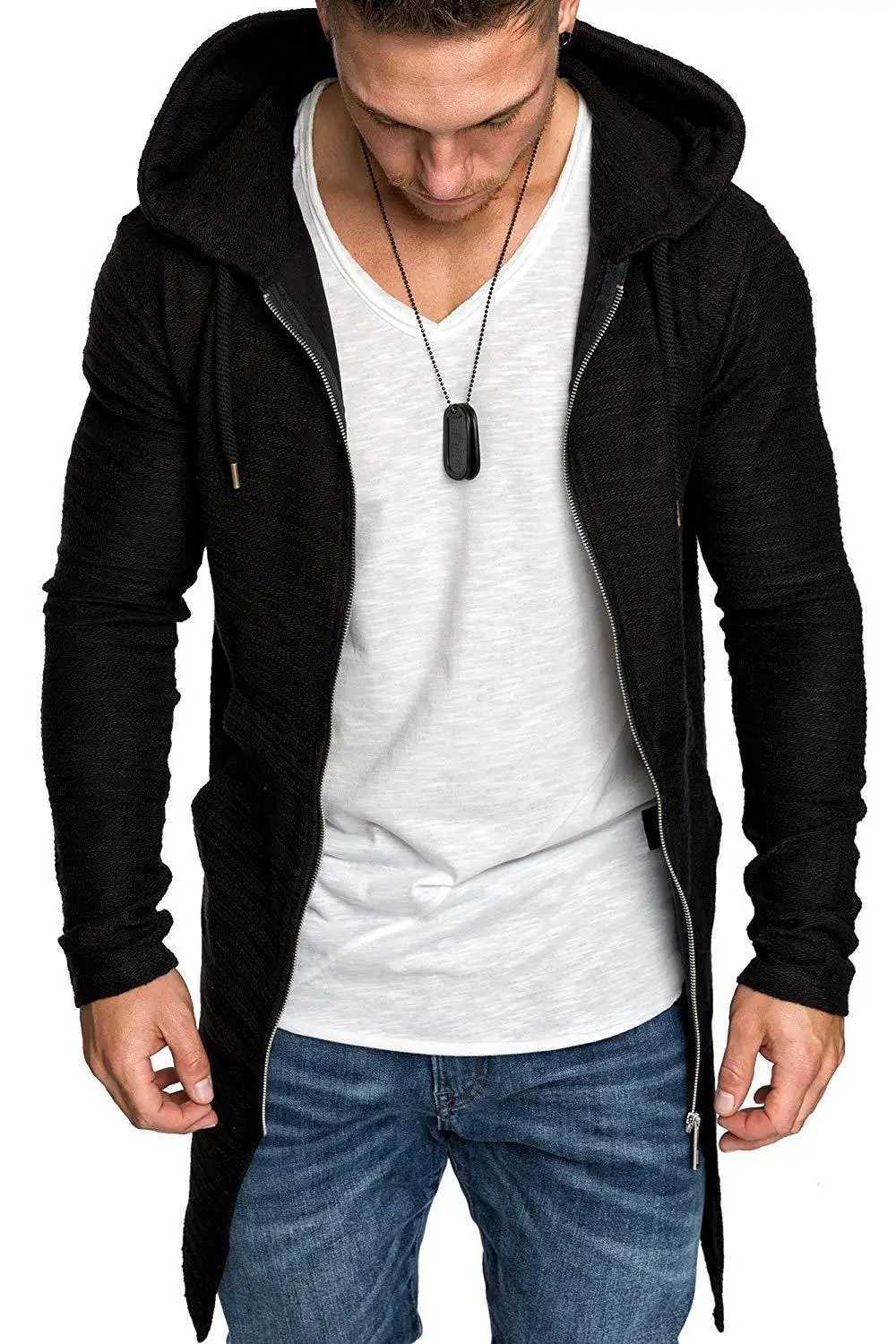 Cappotto da uomo tinta unita slim casual lungo cardigan primaverile giacca con cerniera sottile giacca a vento a maniche lunghe con cappuccio per l'