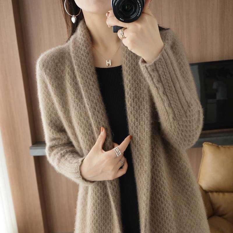 Autumn Winter New Cardigan Knitted Women Mid-Length Elegant Vintage Style Fashion Versatile Sweater Coat B5