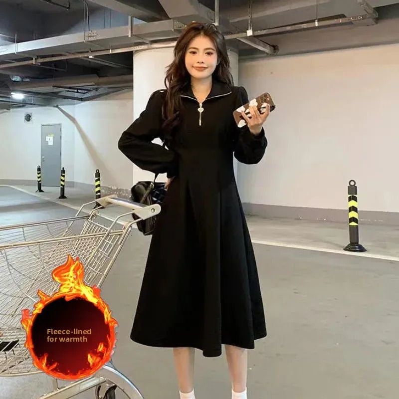 Fleece Lined Midi Dress Womens Inner Wear Zipper Neck Dress Autumn Winter Style Gentle Wind Coat Inner Long Skirt 251205