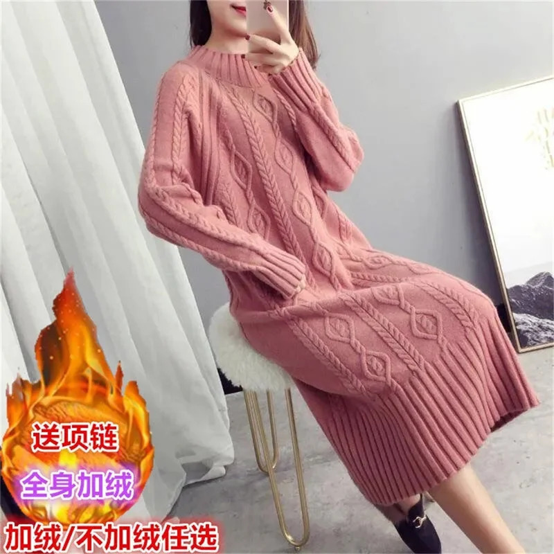 Khaki Thickened Sweater Womens Half High Neck Autumn And Winter Korean Fashion Loose And Thin Knit Dress Long Female 251203