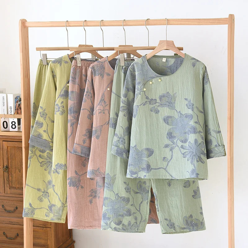 Autumn Pure Cotton Gauze Womens Pajamas Antique Magnolia Print Long Sleeve Round Neck Loose Soft Home Wear Set 251129