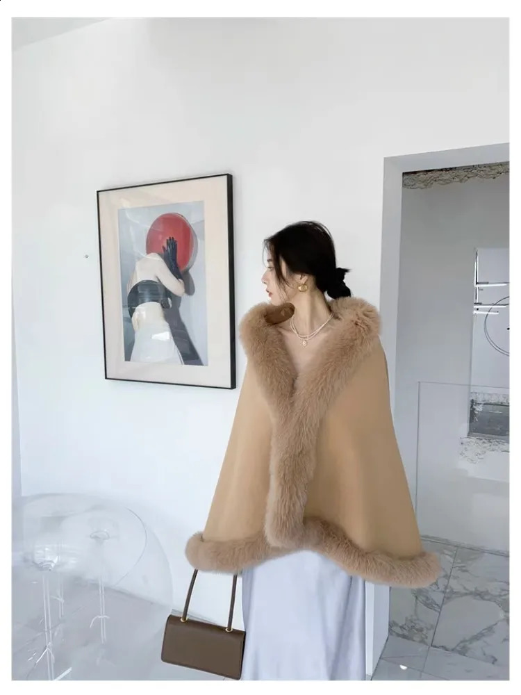 MSMinShu-Womens Double-Sided Wool Cape Real Fox Fur Trimmed Poncho for Lady Winter 251204