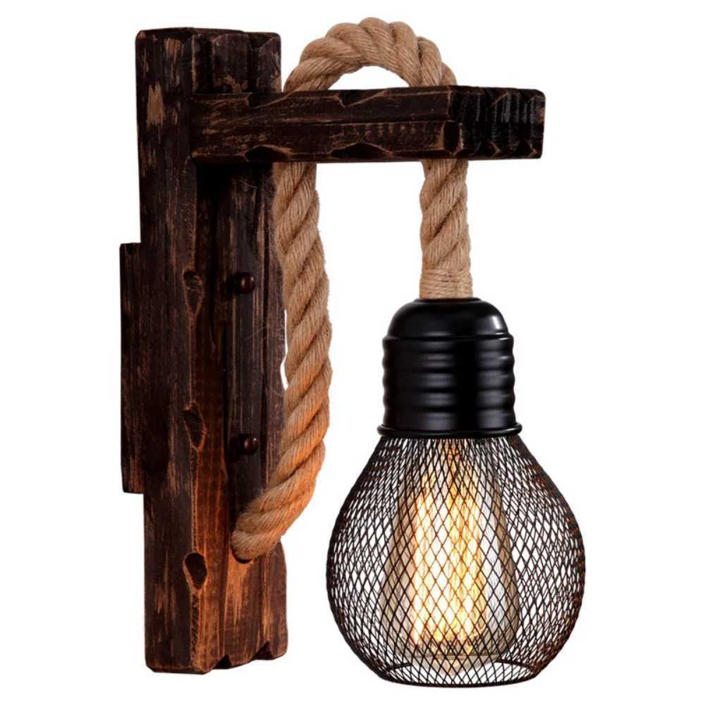 Lámparas de pared de cuerda de cáñamo de madera vintage Accesorio Retro Pasillo Mesita de noche Loft Luminaria Industrial Decoración americana Ilumi