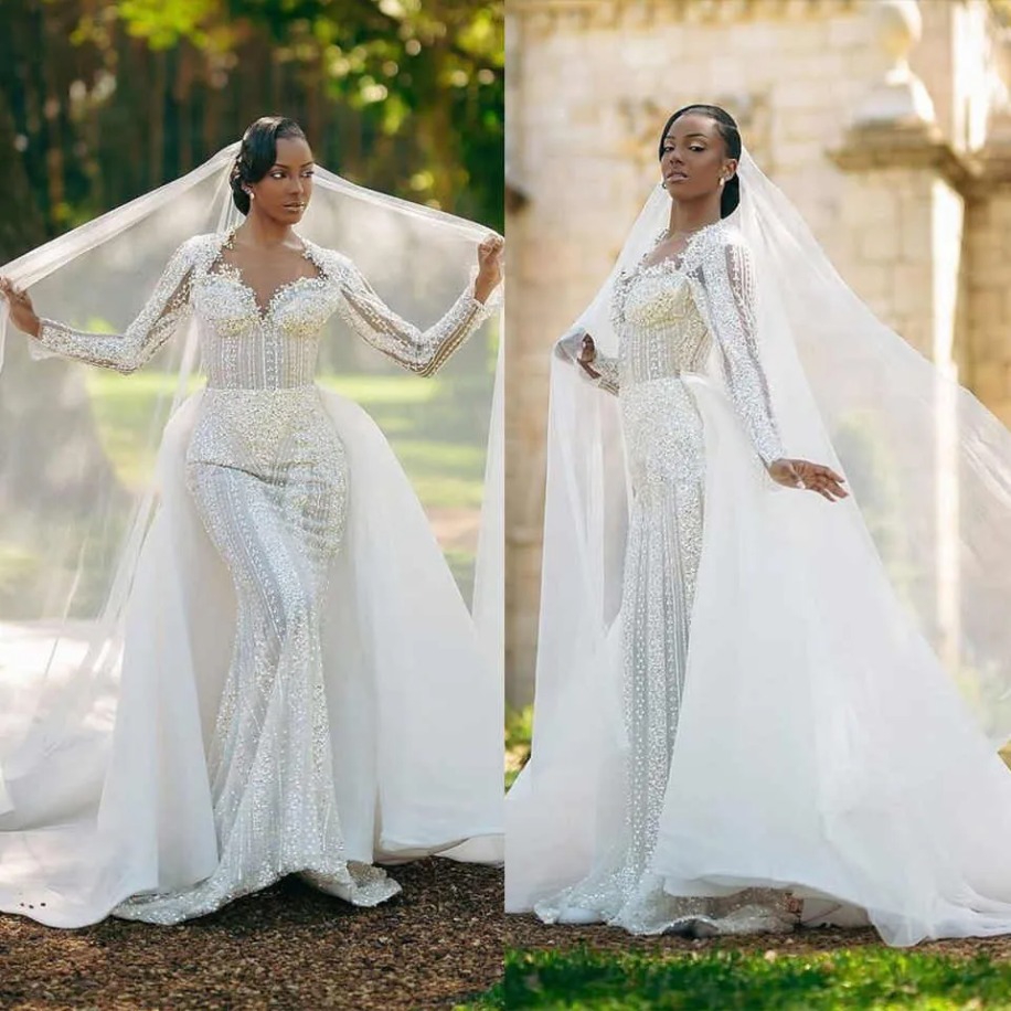 Vintage Mermaid Wedding Dress For bride V-Neck Sequins Beads Bridal Dress 3D-Lace Vestina De Novia Plus Size Customized 1209