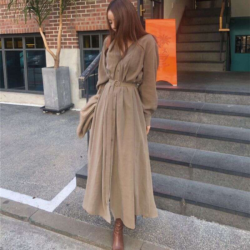 South Korea Autumn French Elegant V-Neck Pleated Single-Breasted Tie Long Loose Dress For Women Versatile B5