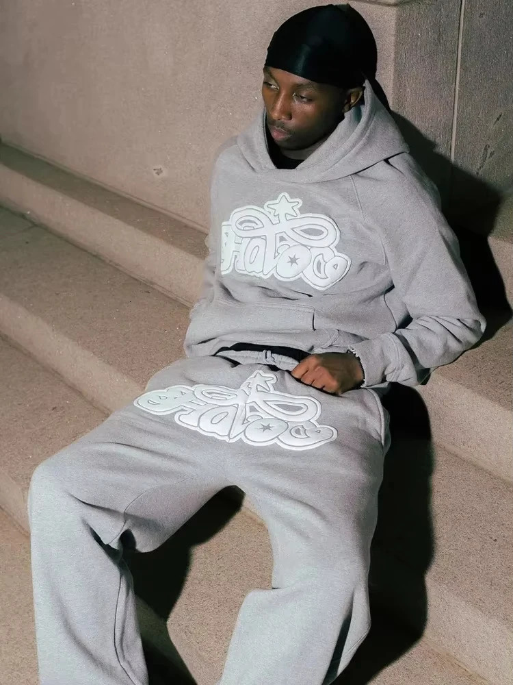 Autumn Winter Y2K Harajuku Hip-hop 2 Piece Set Hooded Tops Casual Sweat Pants Suit Men Fashion Printed High Street Clothing 251205
