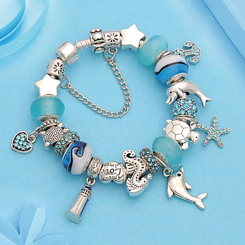 Classic n Dolphin Charm Bracelets Bangles for Women Jewelry Gift Blue Murano Crystal Glass Diy Bead 251203