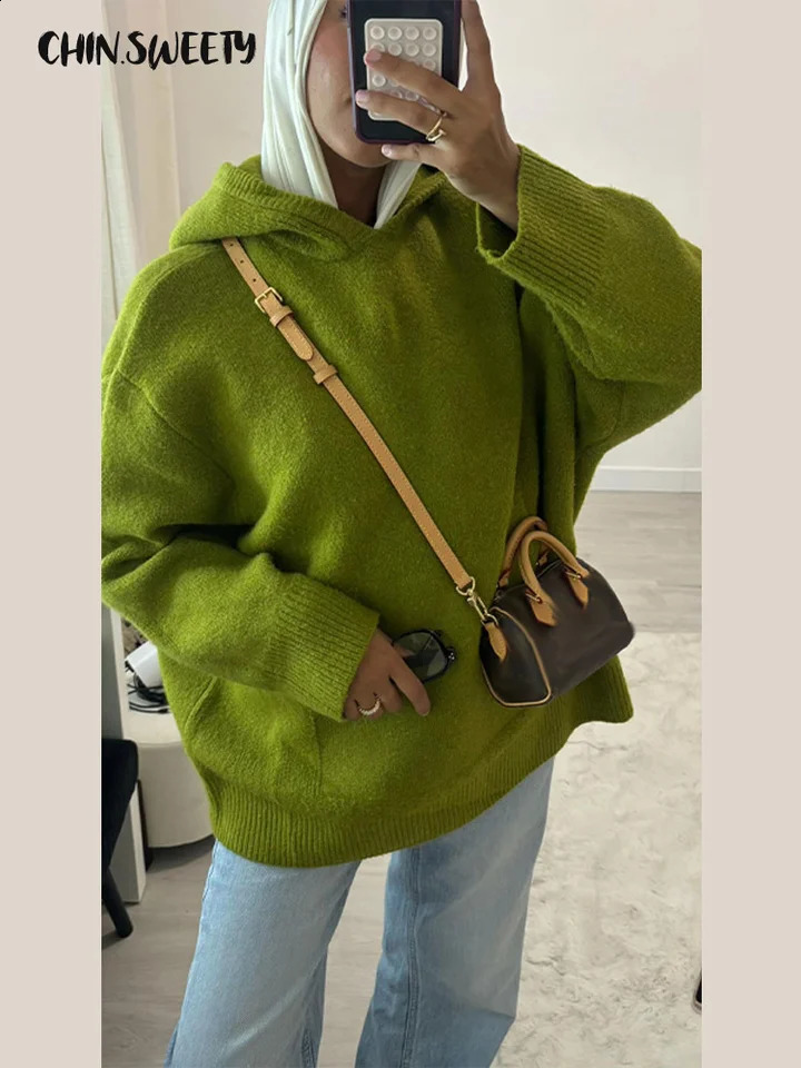 Casual Knitted Womens Sweater Hooded Solid Loose Big Pocket Thicken Lady Sweaters 2026 Spring Fashion Female Street Outwear 251209