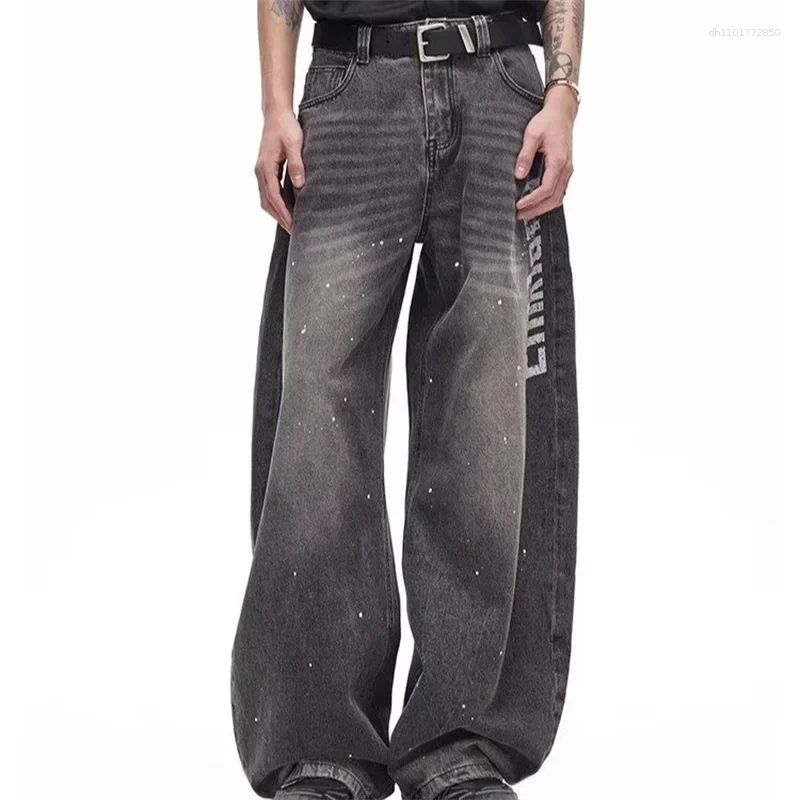 Men's Jeans 2025 Autumn Letter Printed Straight Wide-Leg Y2K Vintage Distressed Baggy Denim Pantalones Hip Hop Fashion Jean