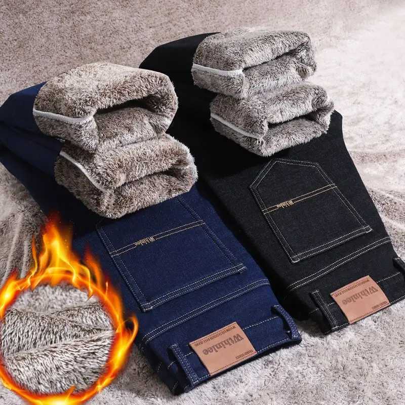 Whinlee Mens Warm Jeans with Thick Velvet Casual Straight Stretch Fashionable Classic Blue Black Denim Pants Brand Clothing M251209