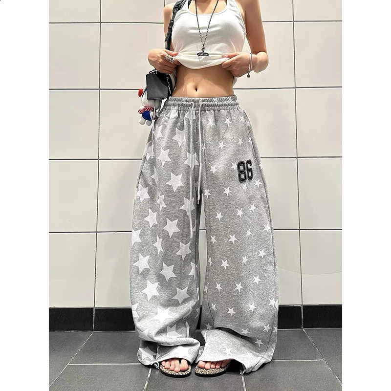 YIBASHU American Retro Y2k Star Printed Sports Pants Women Autumn Winter High Street Hiphop Loose Casual Gray Wide Leg 251209