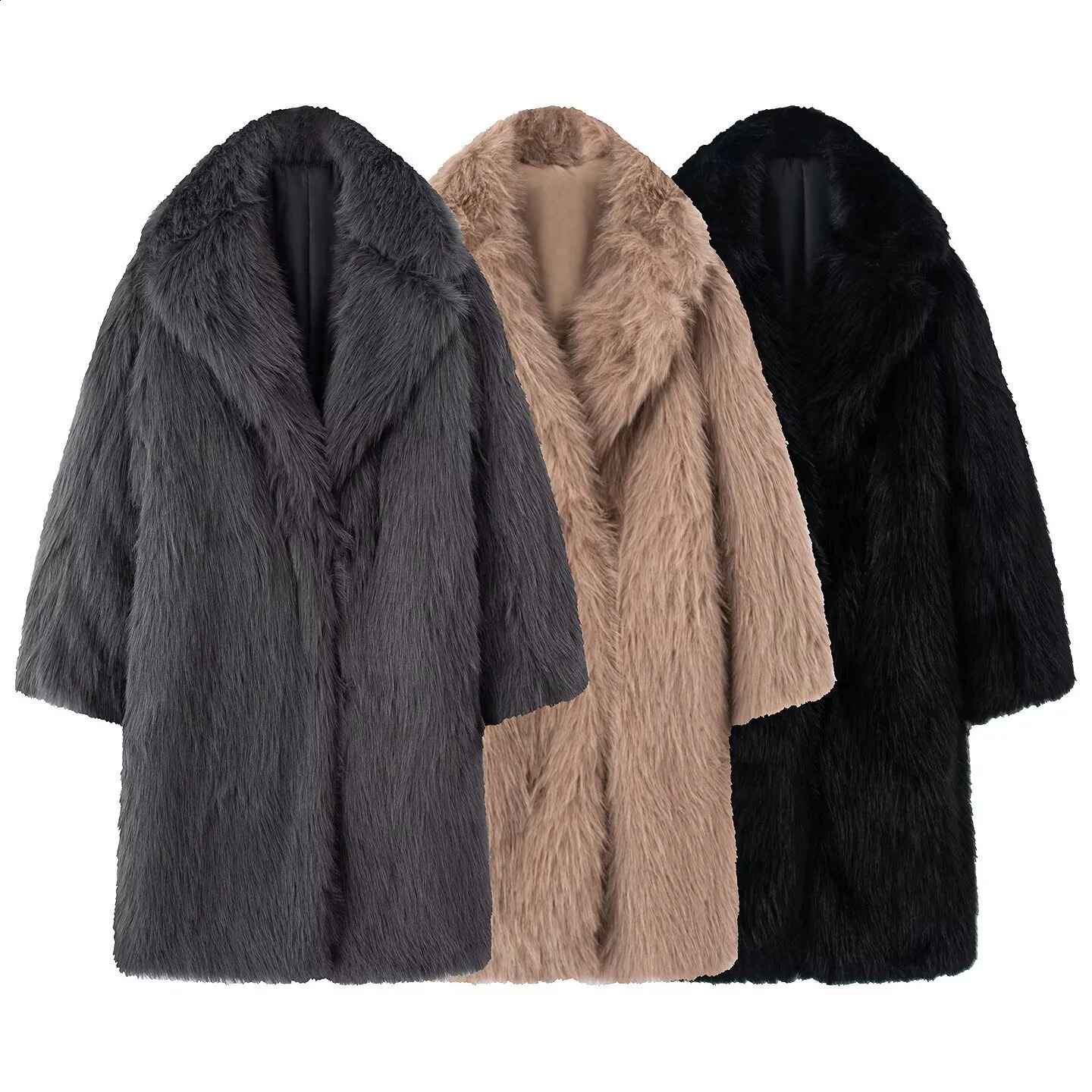 Winter Womens Casual Fashion Simple Lapel Faux Fur Hooded Button Long Sleeve MidLength Coat 251209
