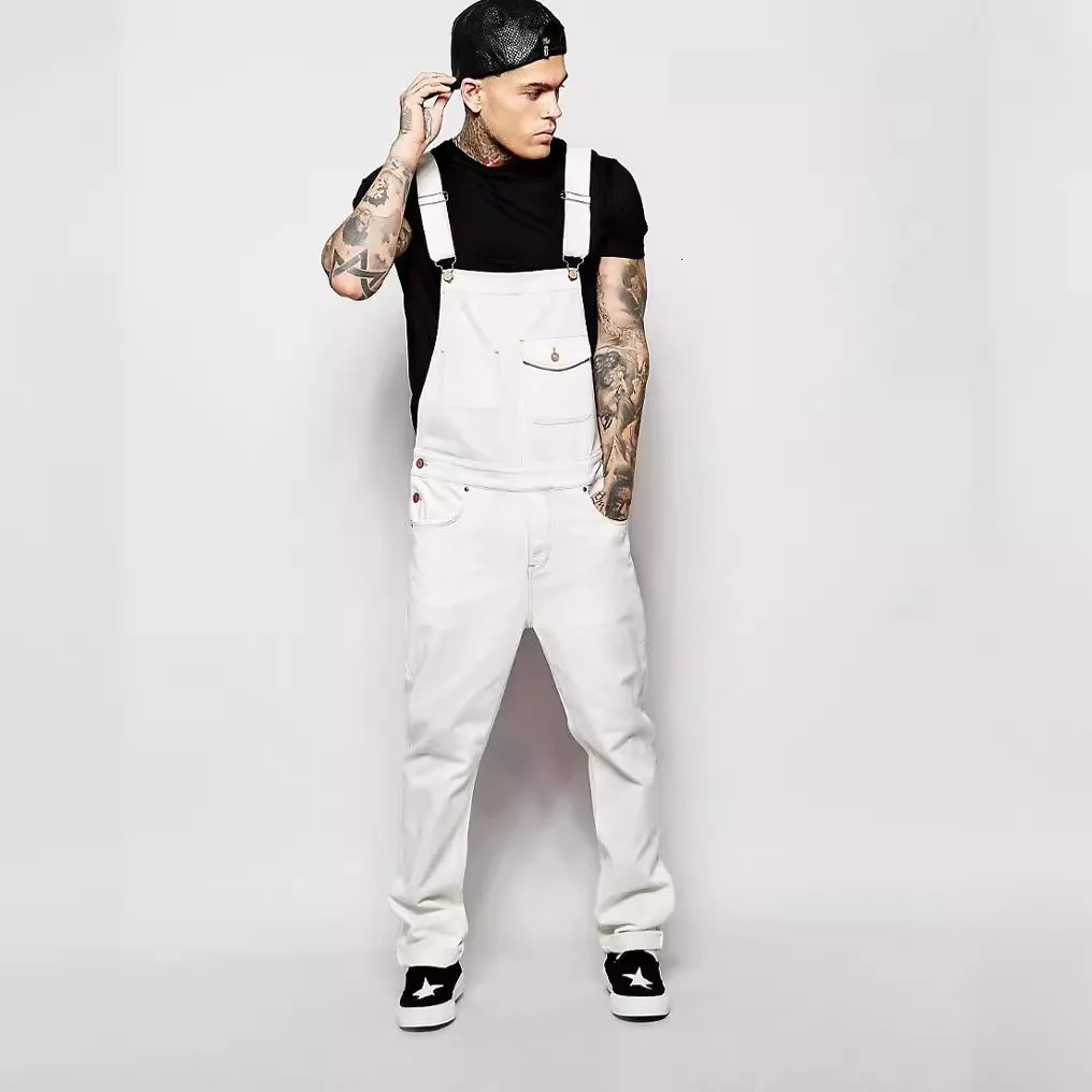 2024 Men Stylish Slim Biker Jeans Bib Overalls Jumpsuits jeans Man Streetwear Casual Stretch Ripped Dungarees Male Strap Jeans251205