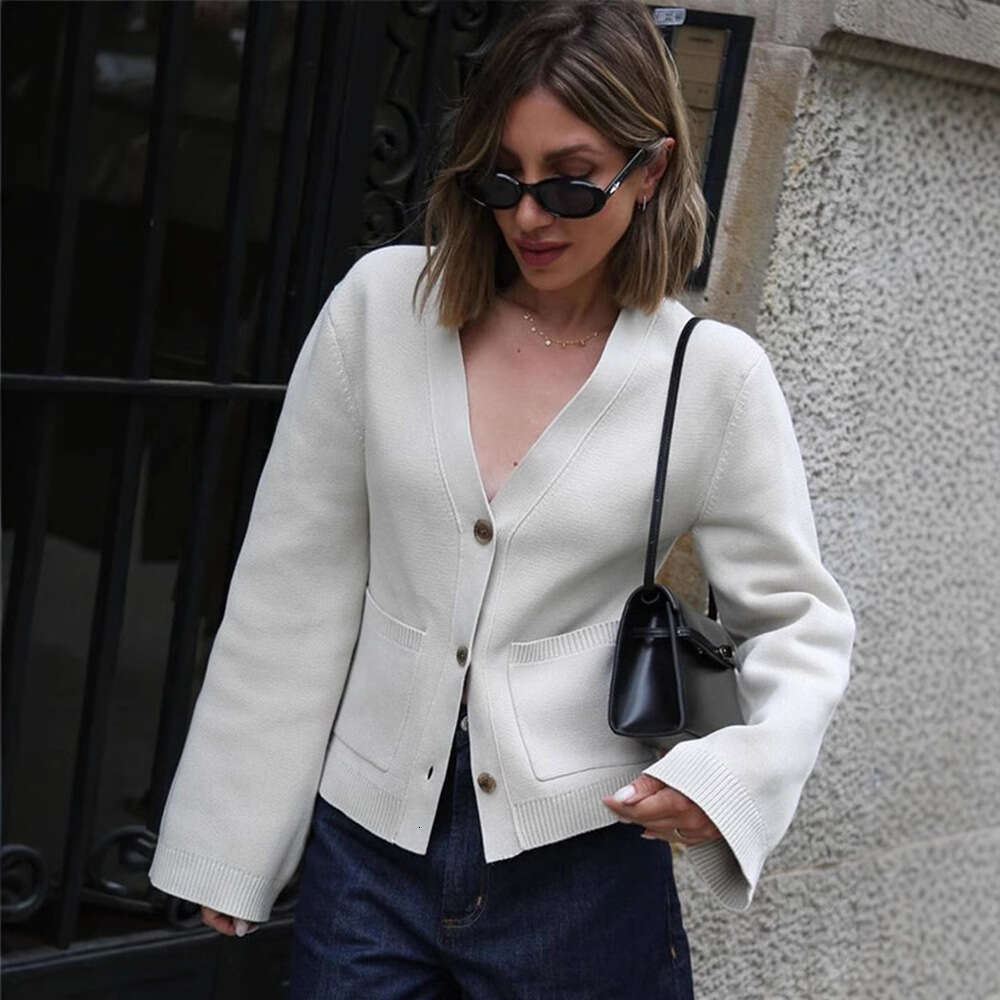 European And American Cross-Border Women's Clothing Solid Color V-Neck Single-Breasted Cardigan Lazy Comfortable Warm Waist-Cinching Soft Knitt