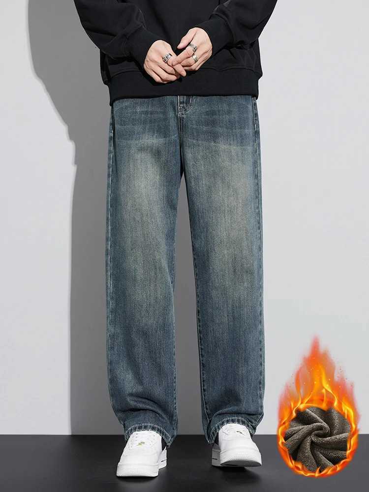 Fleece Baggy Straight Jeans Men Winter New Classic Vintage Blue Wide Leg Denim Pants Fashion Korean Thickened Warm Male Trousers M251209