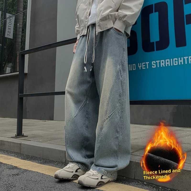New Mens Fleece-Lined Wide-Leg Jeans Winter Vintage Washed Elastic Drawstring Waist Denim Trousers Men 8XL Loose Fit Jean Pants M251209