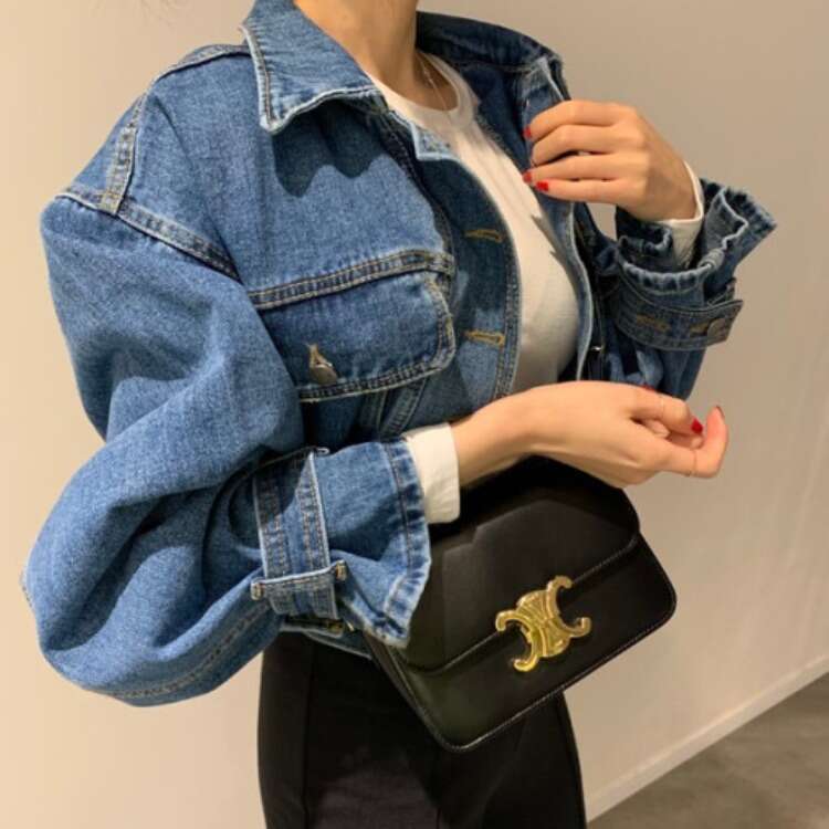 Spring And Autumn New Korean Style Turn-Down Collar Long Sleeve Loose Fit Fashion Short Denim Jacket For Women B5
