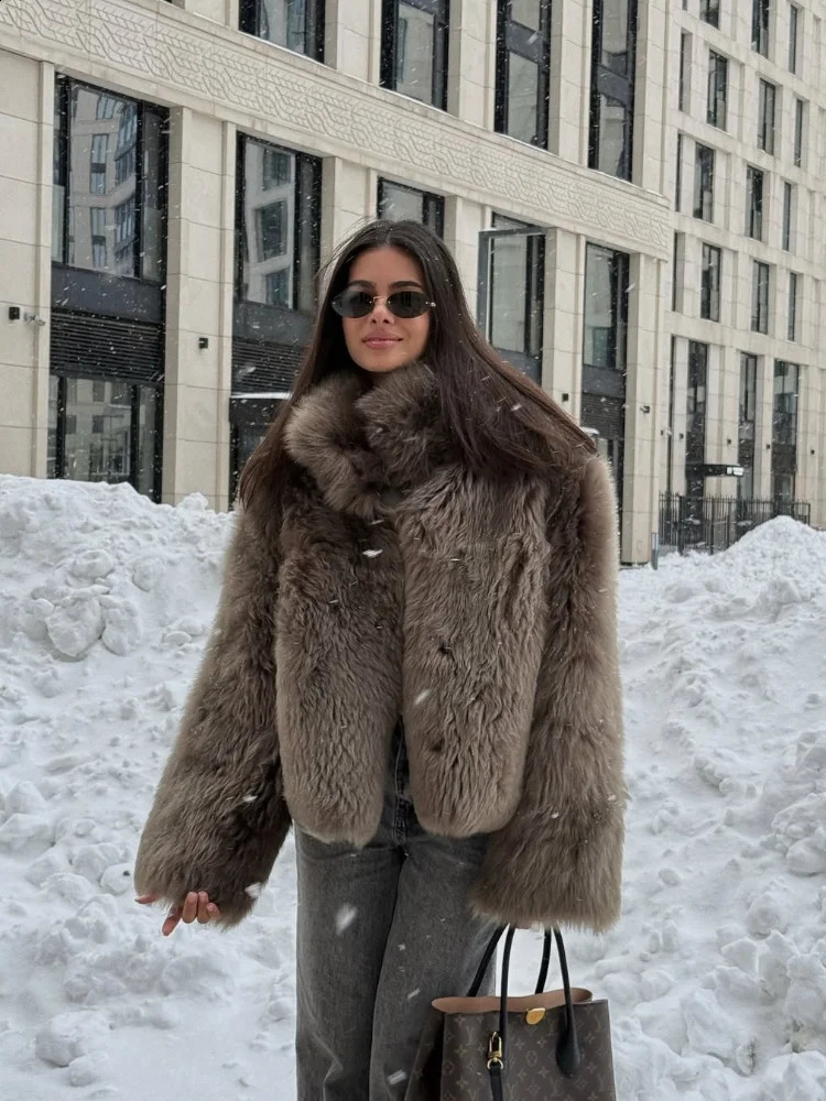 Solid Color Fur Short Jacket Women Fashion Stand Up Collar Single Breasted Loose Outerwear Lady Daily Highstreet Jackets 251209