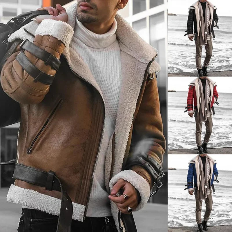 Lamb Fur Collar Zipper PU Leather Jacket Casual Mens Coat Loose Fit Mixed Leather Jacket Chinese AE Stock 251205BJ