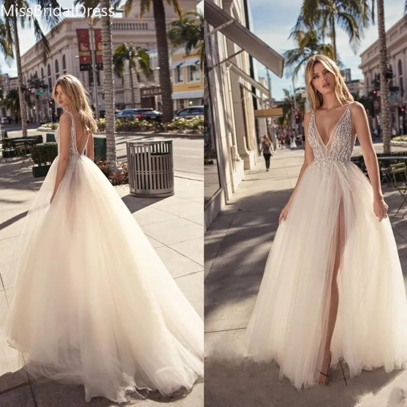 New Sexy Garden Beach Wedding Dresses Deep V Neck Side Split Robe De Soiree Backless Long Boho Brdial Gowns Bc11292 6660310