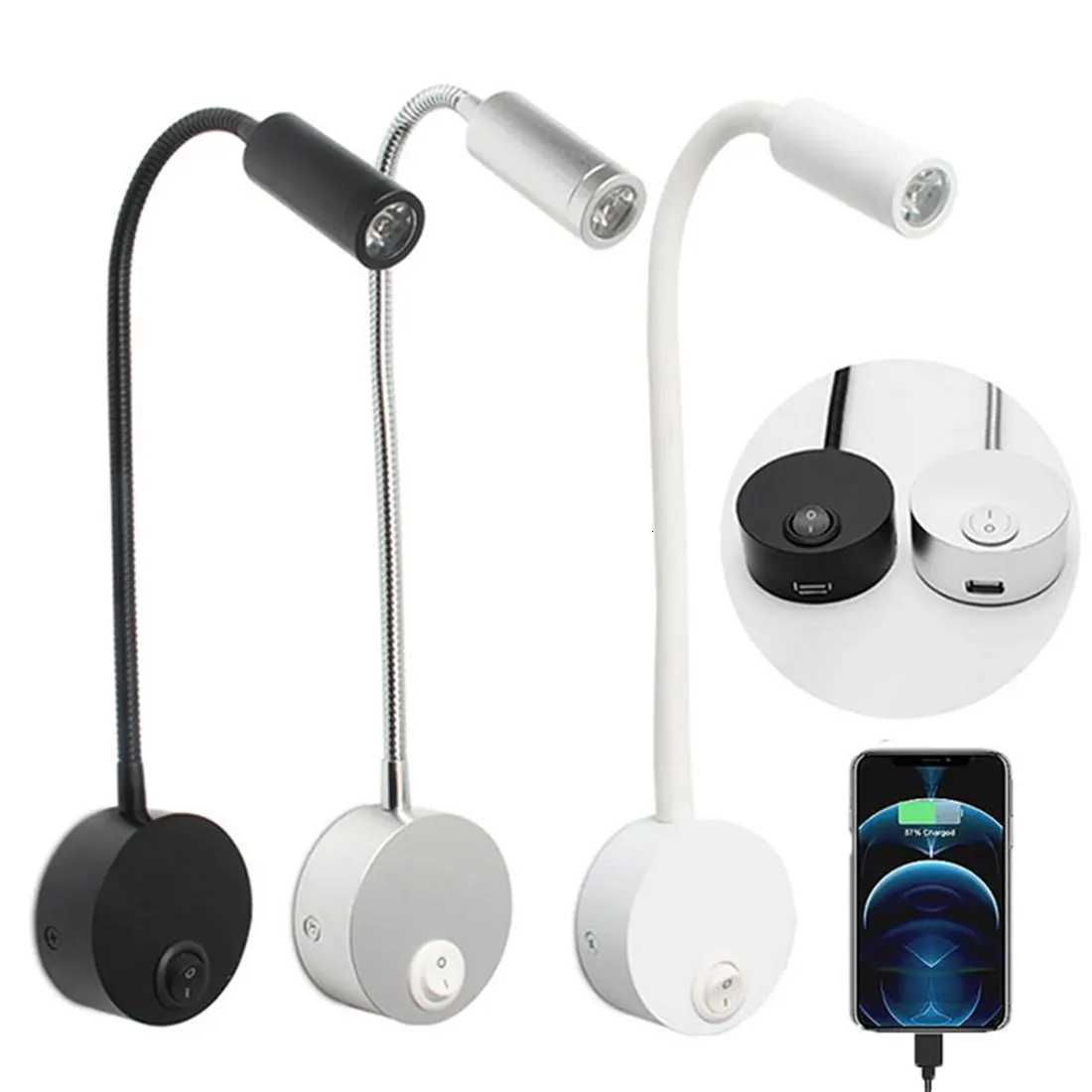 Port de chargement USB noir argent blanc LED lampe de lecture 3000K 4000K 6000K 3W LED USB col de cygne applique murale pour hôtel maison chevet