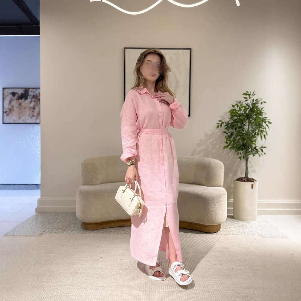 New European American Spring And Autumn INS Style Loose Women's Pocket Casual Turn-Down Collar Single-Breasted Cotton Linen Dress B5