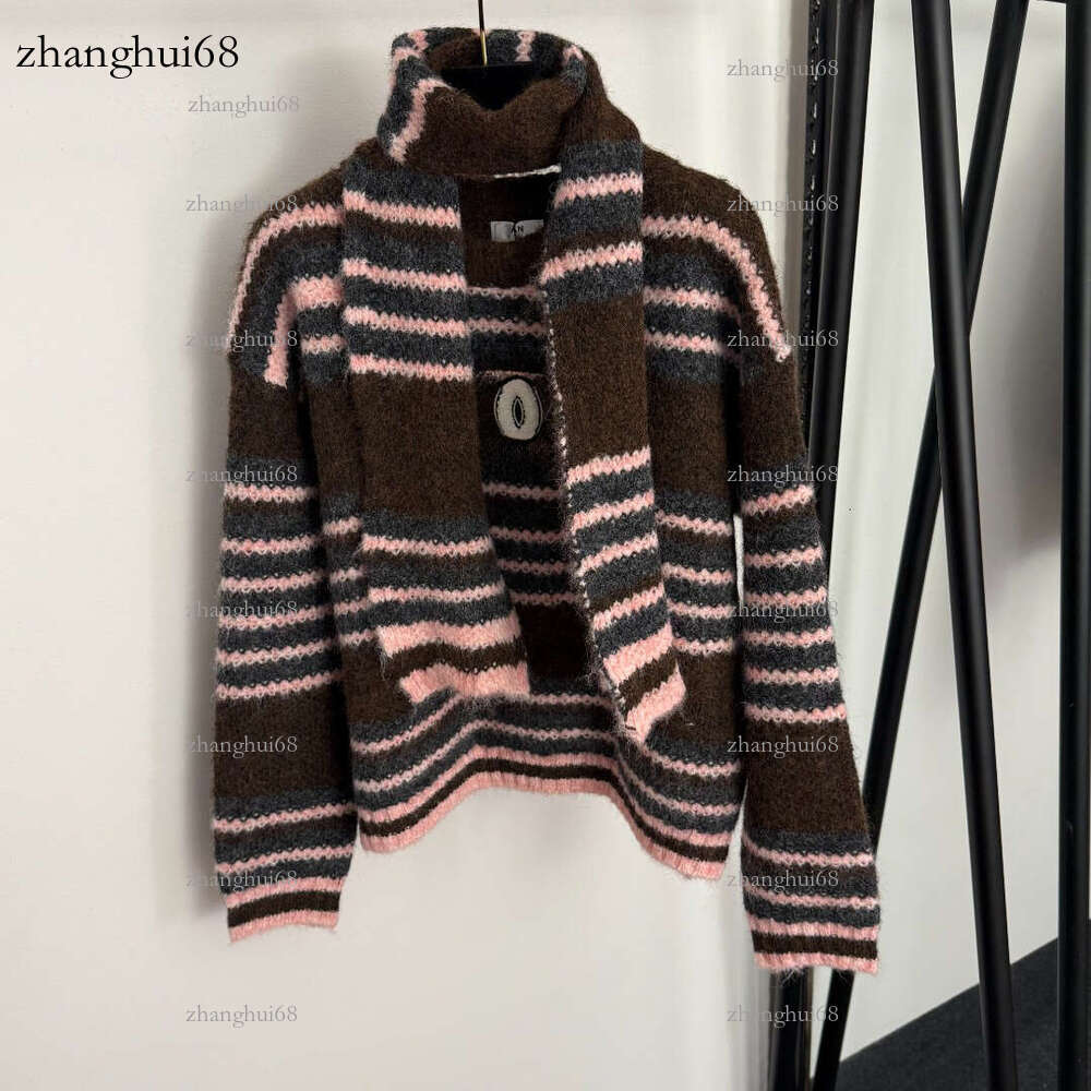 Fashion Women's Striped Sweater Designer Style Rich Color Matching with Same Color Scarf Design Warm Versatile Autumn Winter New Style Suitable