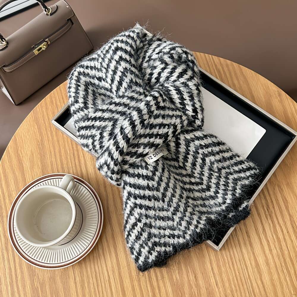 Women's New Elegant Black White Houndstooth Pattern, Soft Warm Winter Scarf With Fringe Trim, Versatile Classic Style For Casual Formal Outfits