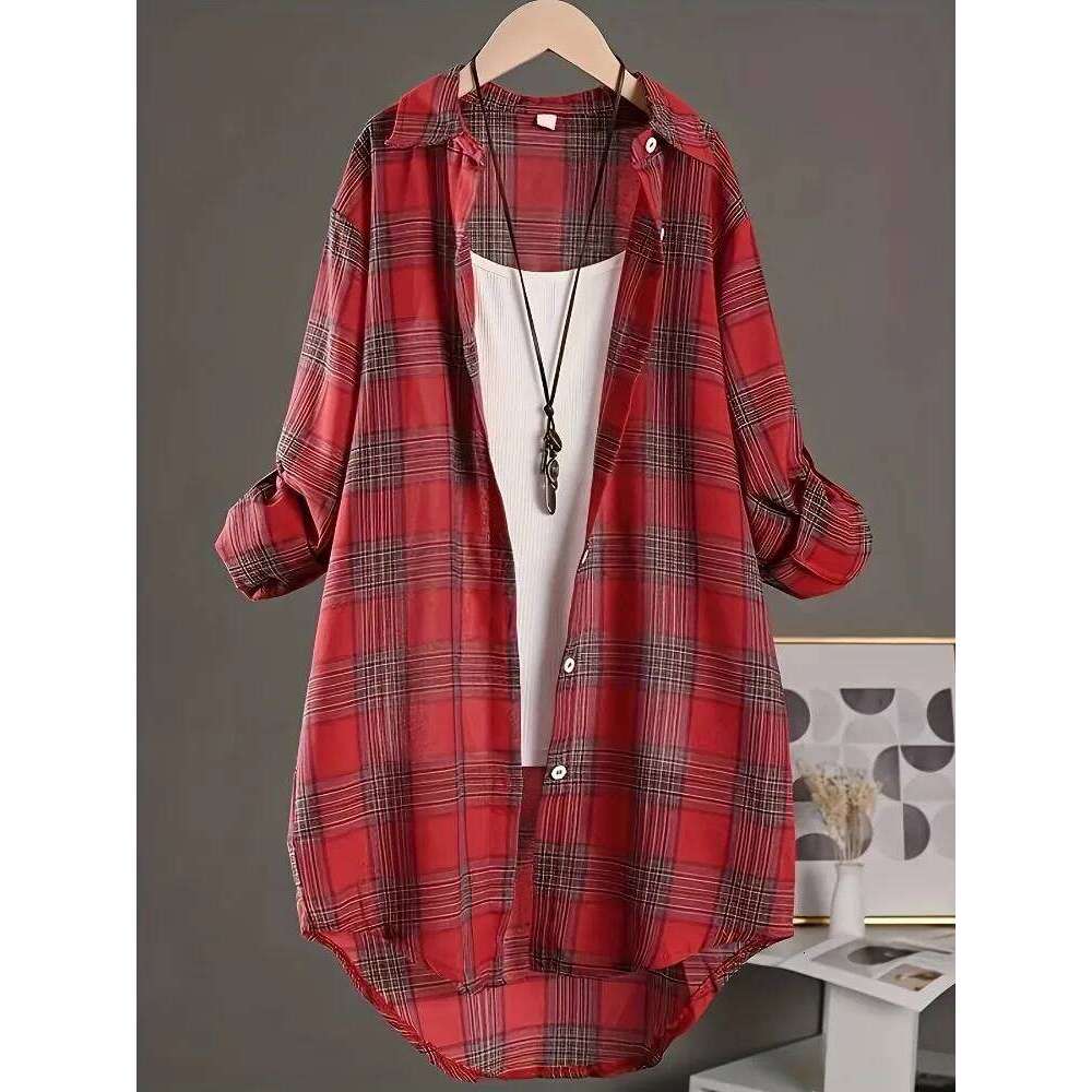 Camicia a quadri da donna di taglia grande, media, lunga, in cotone e lino, per ogni lusso casual quotidiano