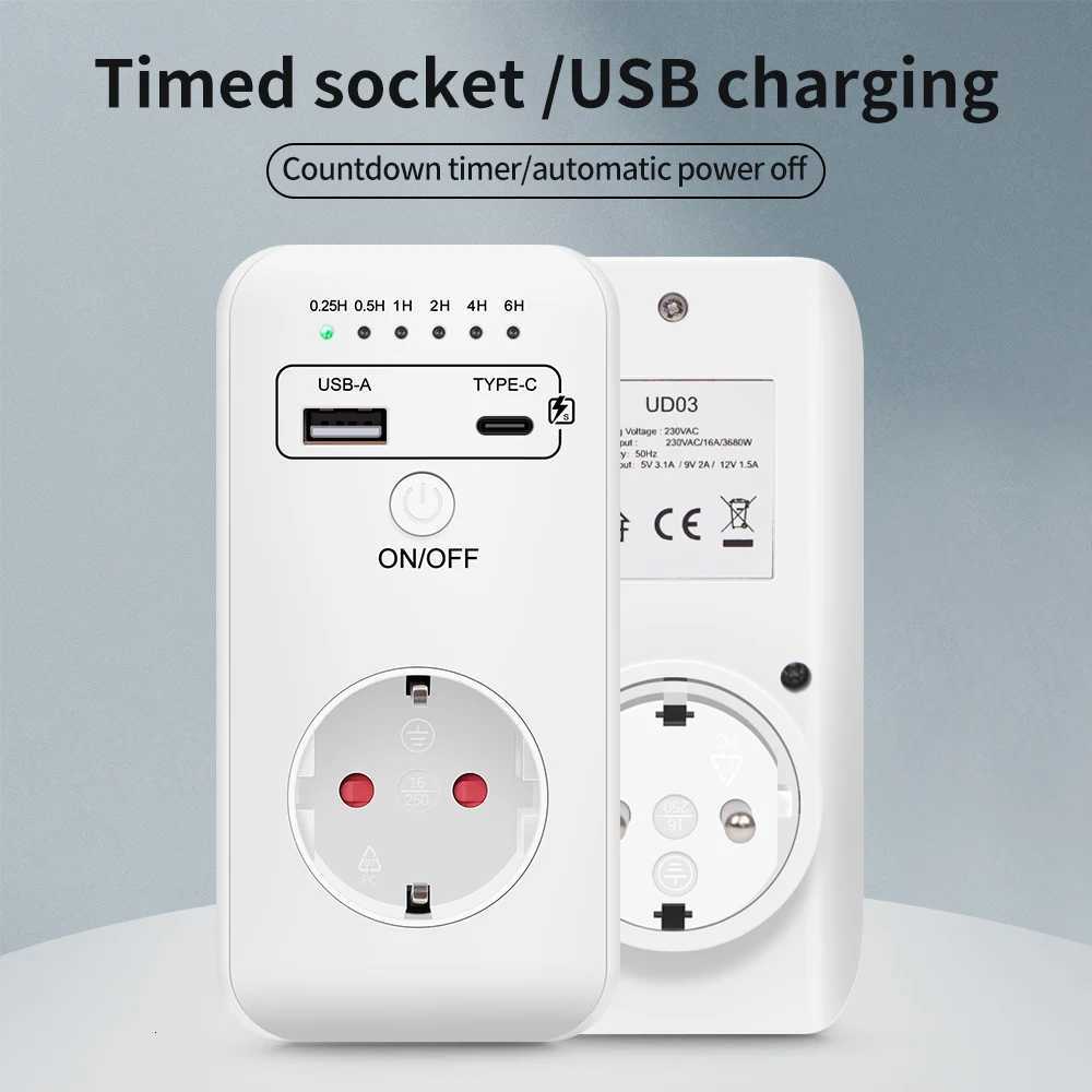 UD03 Autatic Timer Switch 230V USB Charger Countdown Timer Socket Electronic Protector Timing Controller Converter EU Plug C251209-image-1087828627