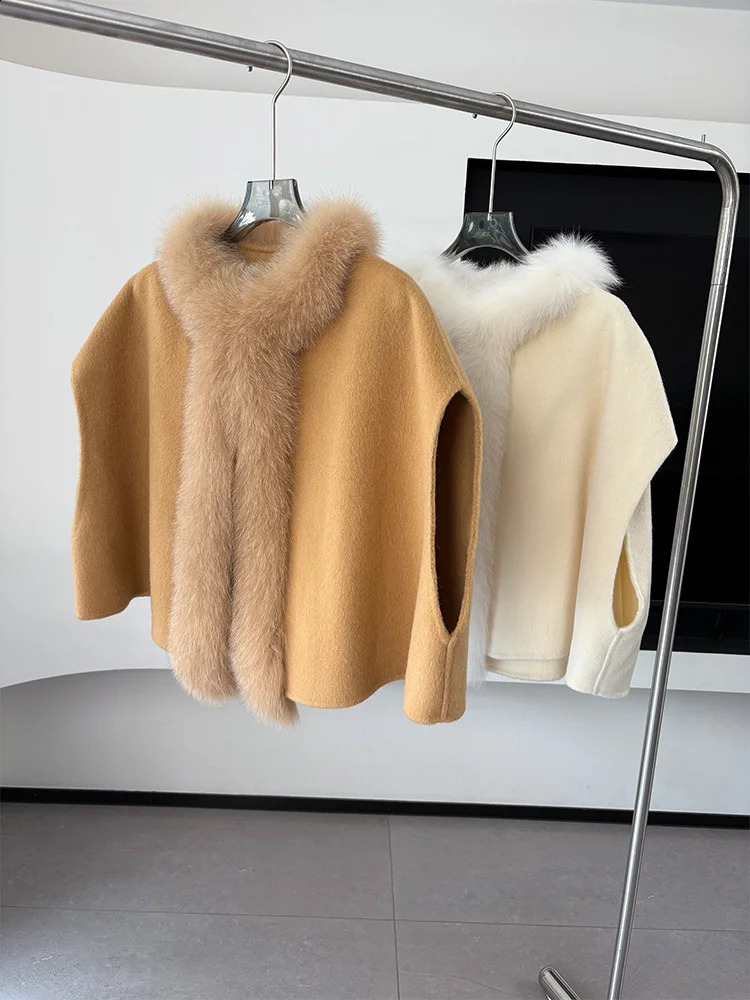 Winter Womens Real Natural Fox Fur Coat Wool Cloak Cashmere Short Warm Jacket Thick Female Coat 251204