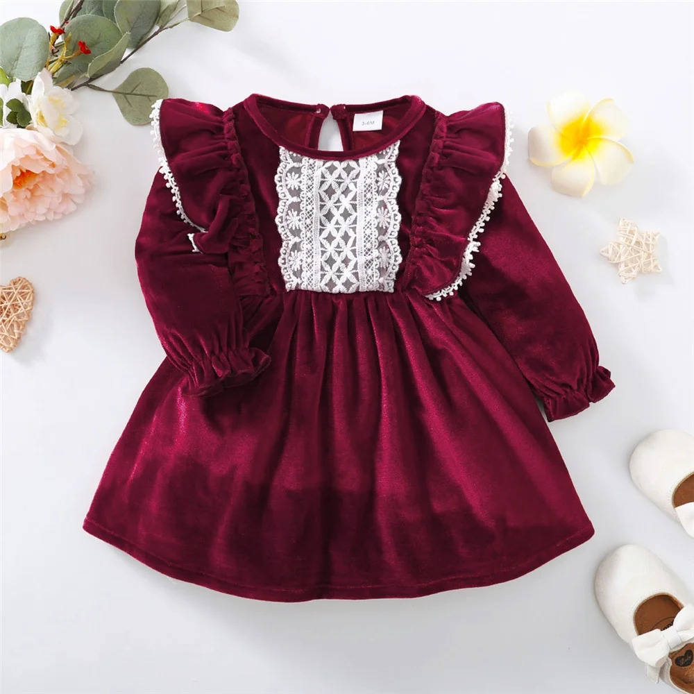 Gonna da festa di Natale Bambina manica lunga con volant in raso Abito da festa Moda Autunno Inverno Abbigliamento per bambini 07 anni 251018