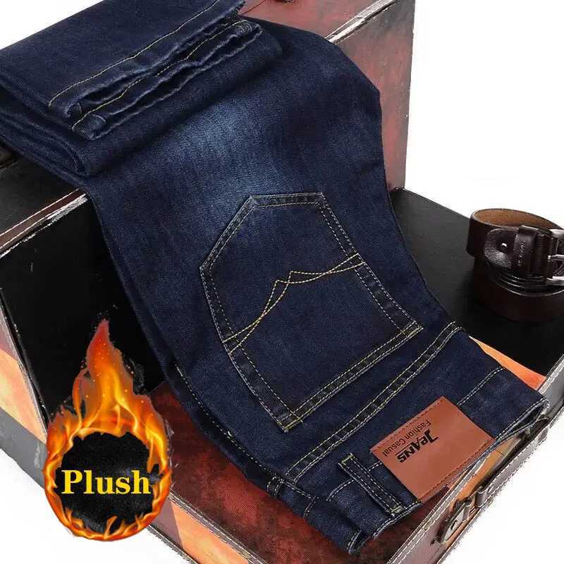 2025 New Business Casual Trousers Grey Fleece Men Clothes Black Blue Elasticity Warm Winter Jeans Velvet Jeans 28-40 M251209