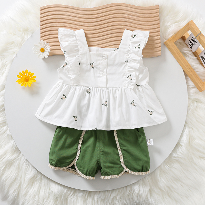 Summer New Baby Girl Embroidered Sleeved Tank Top Lace Shorts Two piece Children's Set Girls' Elegant Fashion Casual