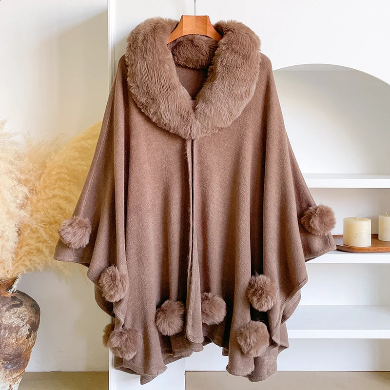Winter Thicken Mink Wool Full Trims Faux Fur Cape - Womens Hooded Loose Fleece Cloak Coat for Party Dress Wraps Warm 251204