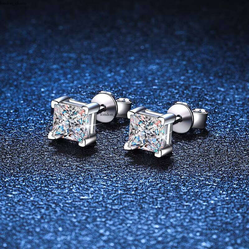 Silver S925 Real Silicon Stone Stud 1.6CT Square VVS Moissanite Men and Women Earrings High Jewelry Original Production