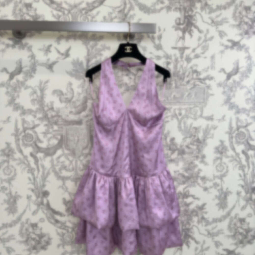 Designer Purple Floral For Women Summer V-Neck Slim Waist Sleeveless A-Line Short Dress 66c1