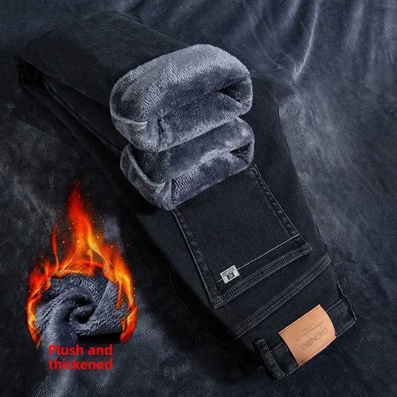 2024 Men Winter Warm3 Color Straight Thcik Fleece Jeans Fashion Casual Baggy Classic Style Solid Denim Trousers Male Clothing M251209