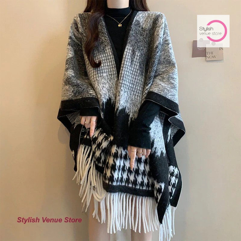 American folk style Maillard brown sweater shawl with womens autumn and winter plus size fat mm long scarf cloak tassel top 251128