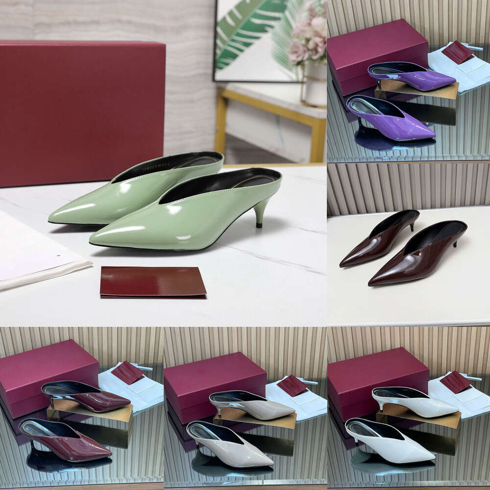 Luxury Pointed-toe Low-heeled slippers slides Simple Minimalism Patent leather mules kitten sandals top quality designer shoe woman clog heels Offic