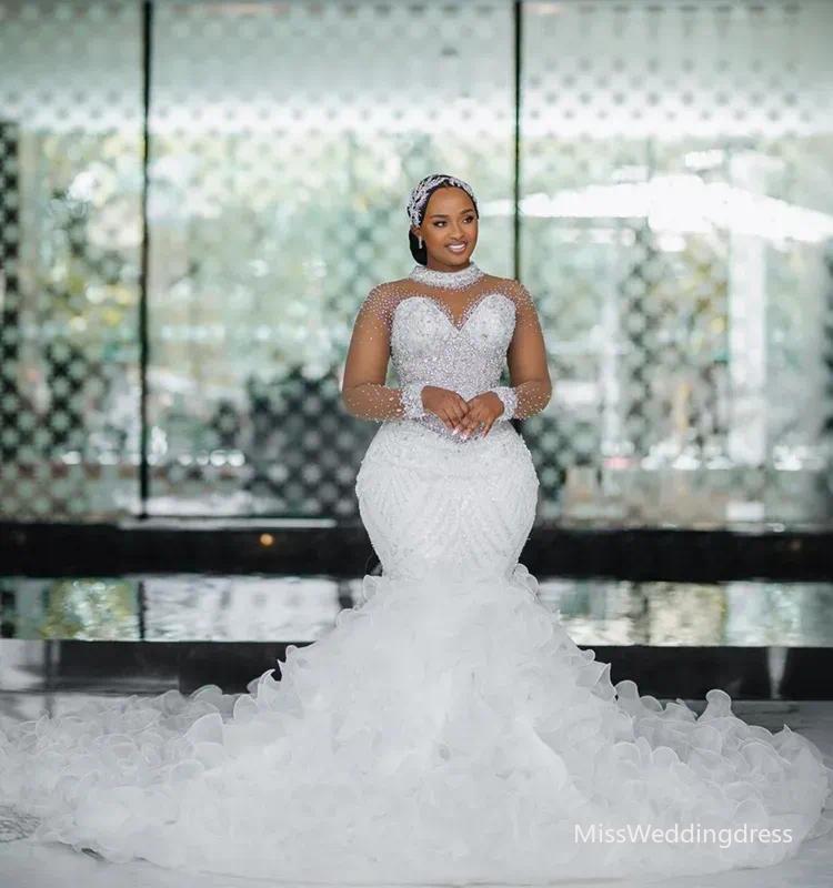 Plus Size Wedding Dresses Bridal Gowns Mermaid Bridal Gowns For Bride Long Sleeves High Neck Beaded Lace Crystals Ruffles Gowns For African Black Wo