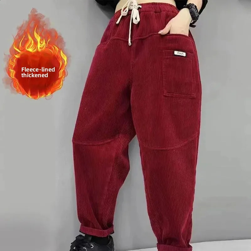 Thickened Fleece Lined Corduroy Harlan Pants Winter Fashion Long Trousers Elastic Waist Loose Versatile Trendy Womens Cloth 251209