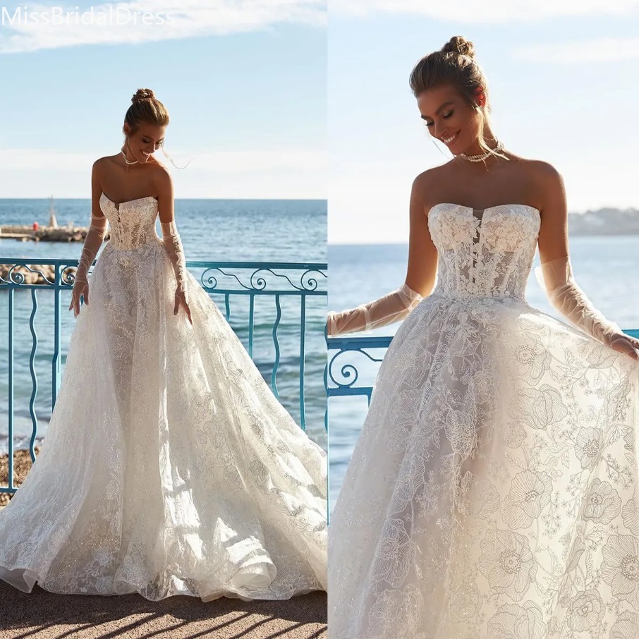 Luxury A Line Wedding Dresses Sexy Sweetheart Neckline Long Sleeves Boho Bridal Gowns Beads Appliques Lace Lace-Up Back Sweep Train Robe de Mariage