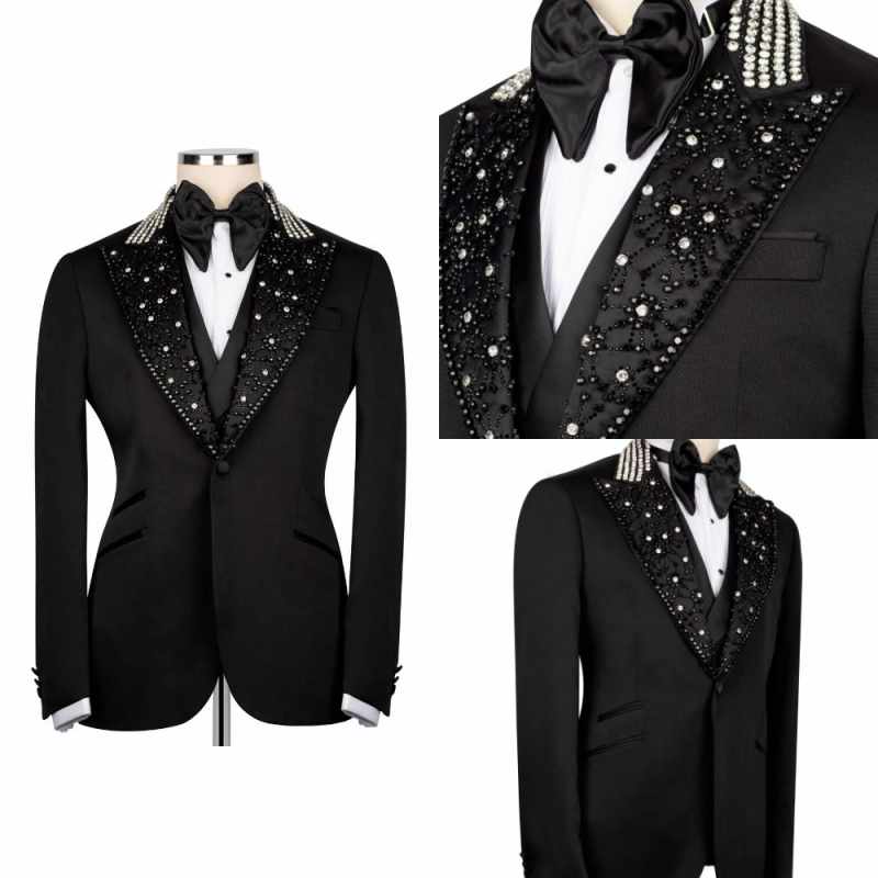 Luxury Rhinestone Wedding Groom Tuxedos 2 Pieces Blazer Pant Peaked Lapel Crystal Beaded Men Formal Occasion Party Suit Customized