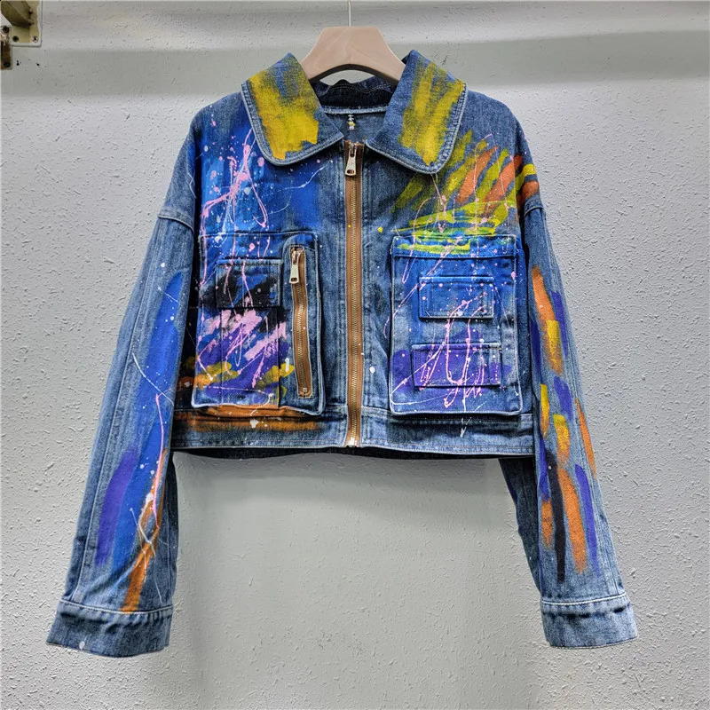 Women Spring Autumn Hand-painted Graffiti Denim Jacket Blue Tie Dye Jeans Bomber Coat Short Pockets Zipper Cow Cardigan Tops 251201