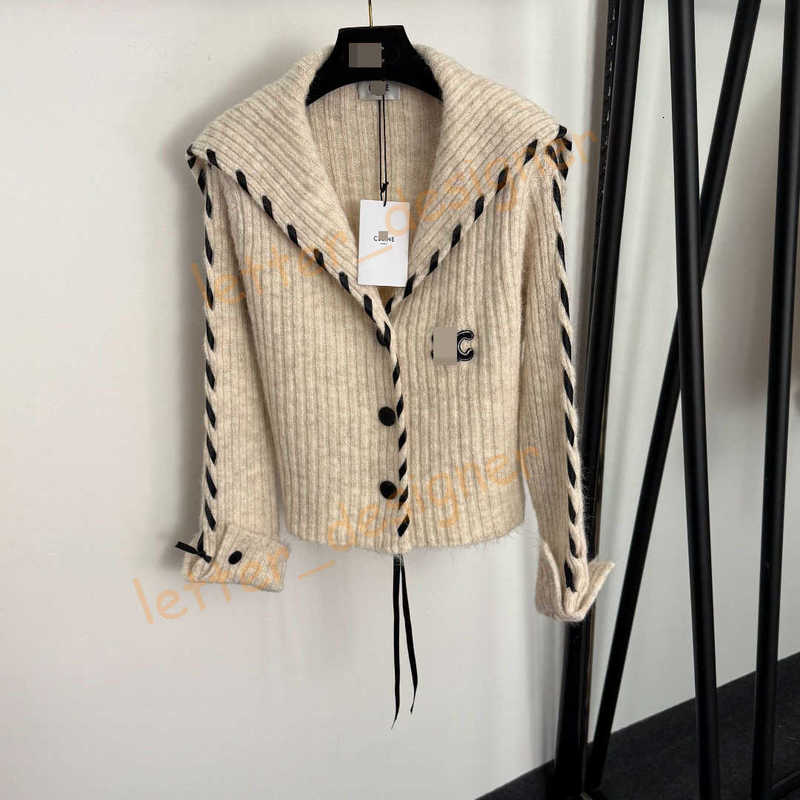 Designer Women's Sweaters High-End Elegant Sweet Lace-Up Inlaid Metal Embroidery Navy Collar Long Sleeve Knitted Cardigan