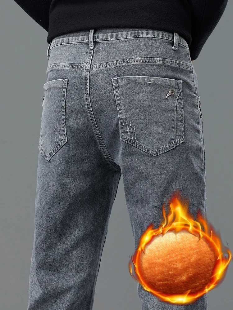 Thick Warm Slim Fleece Jeans Mens Winter New Business Stretch Velvet Trousers Korean Gray Plush Denim Pants Male M251209
